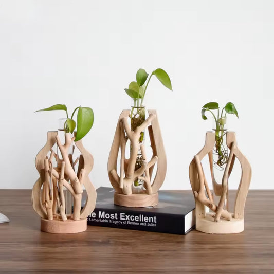 Jarrón de Madera Artesanal - Contenedor Hidropónico Floral Creativo